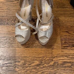 Zara Silver Glitter Platform Peep-Toe Sandals with Crisscross Ankle Straps